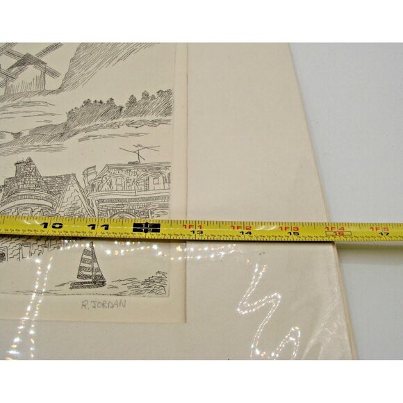Thinking Signed Artist R. Jordan Windmill Church Village Pencil Art Drawings Mat - Picture 12 of 12